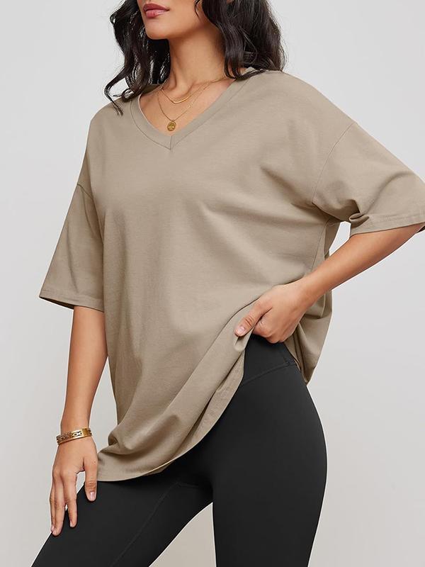 Short Sleeves Solid Color Split-Joint V-Neck T-Shirts Product Image