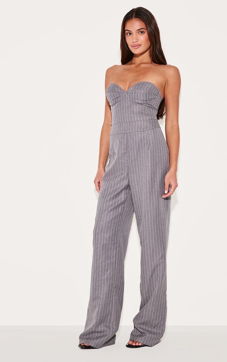 Grey Pinstripe Bandeau Corset Straight Leg Jumpsuit Product Image