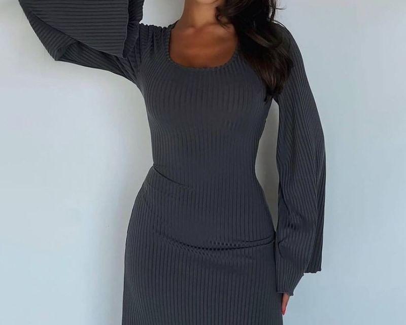 Bell Sleeve Scoop Neck Plain Ribbed Maxi A-Line Dress Product Image