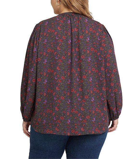NYDJ Plus Size Ditsy Floral Print Y-Neck Long Puffed Sleeve Popover Top Product Image