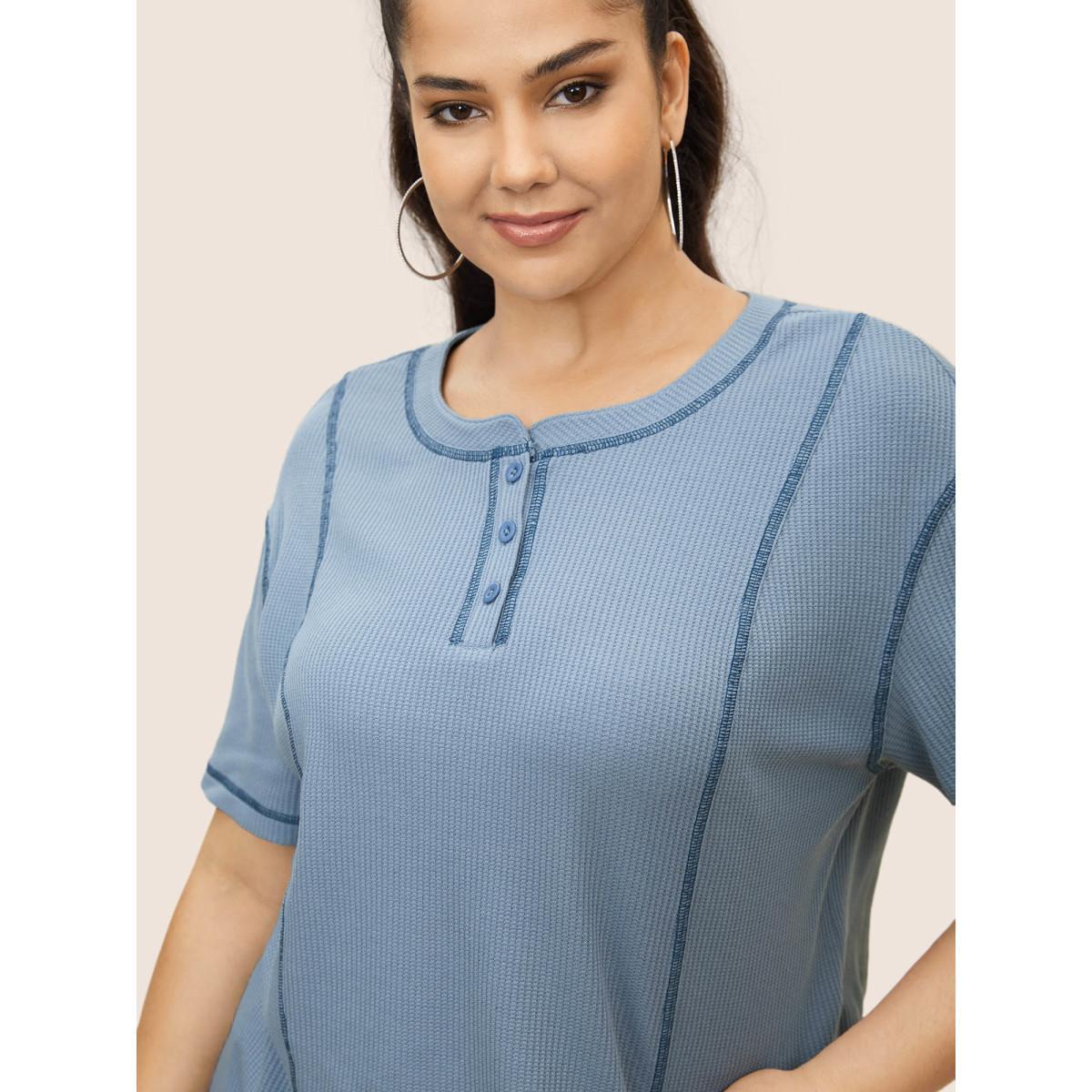 Plus Size Waffle Knit Round Neck Button Up T-shirt Stone Women Casual Button Round Neck Everyday T-shirts BloomChic 14-16/1X Product Image