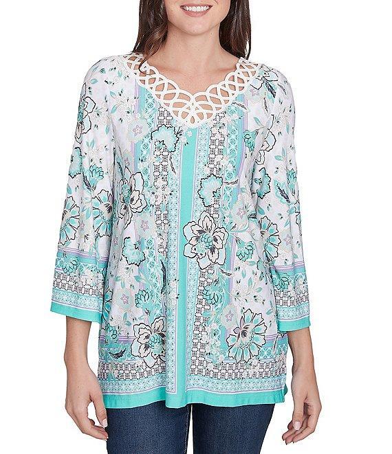 Ruby Rd. Crepe Knit Printed Lace Trim V-Neck 3/4 Sleeve Top Product Image