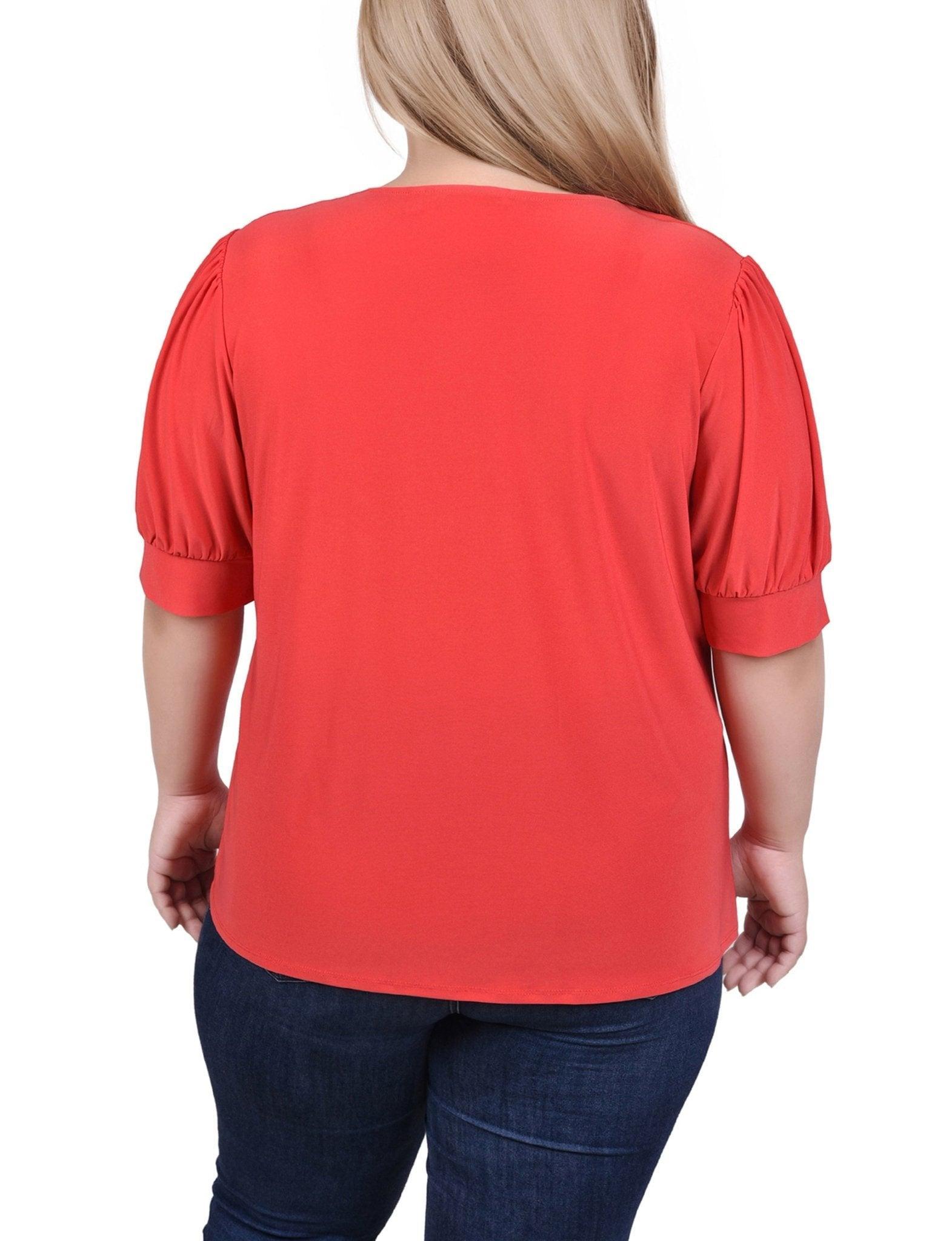Chinese Red Short Sleeve Balloon Sleeve Top With Hardware - Plus Product Image