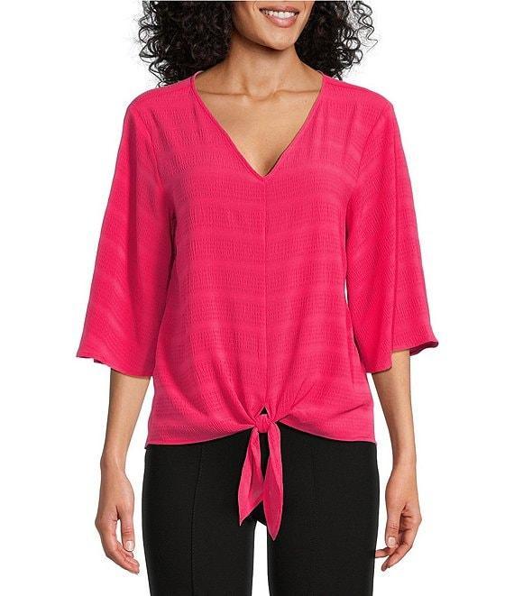 Slim Factor By Investments Dylan Puckered Stripe Tie Front V-Neck 3/4 Sleeve Top Product Image
