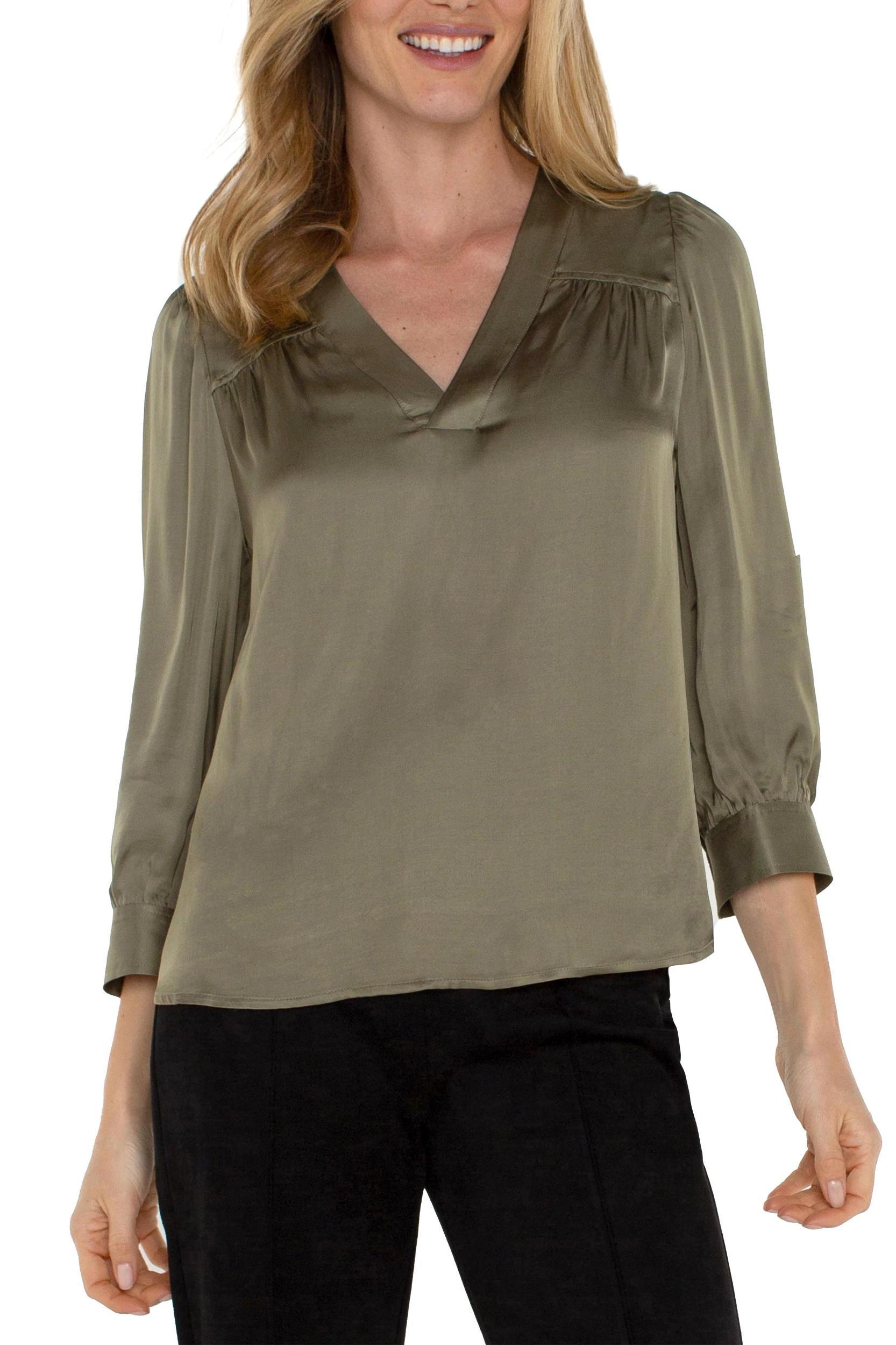 Long Sleeve Pleated Neck Woven Blouse Product Image