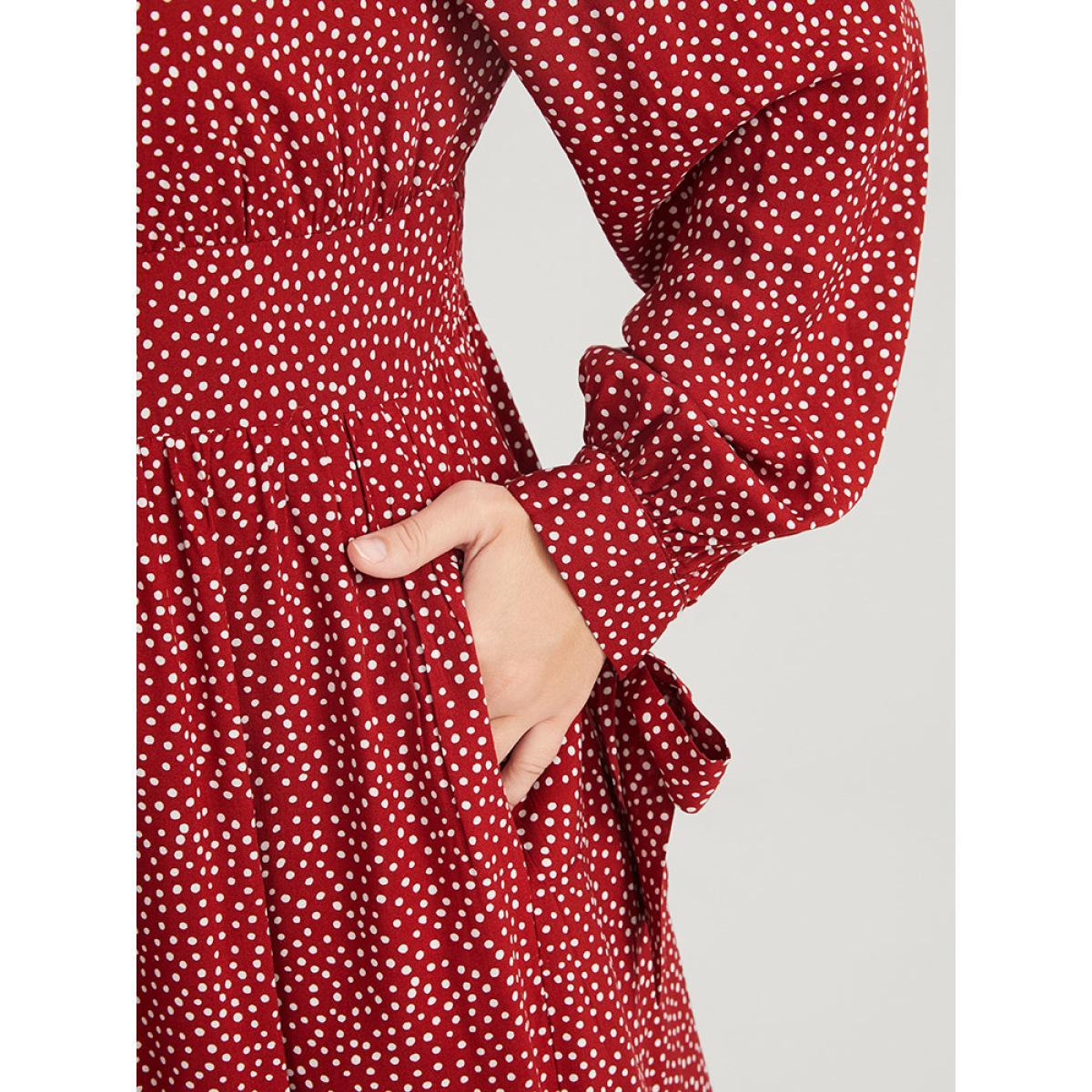 Plus Size Polka Dot Knotted Sleeve Pocket Shirred Split Dress Scarlet Women Elegant Cross straps Round Neck Long Sleeve Curvy Midi Dress BloomChic 18-20/2X Product Image