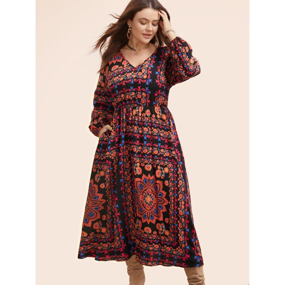 Plus Size Bandana Lantern Sleeve Midi Dress Black Women Resort Gathered V-neck Long Sleeve Curvy BloomChic 22-24/3X Product Image