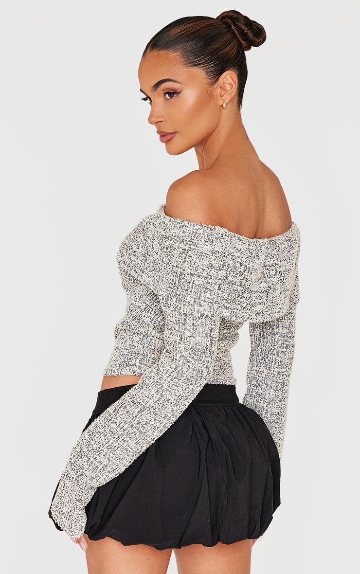 Grey Boucle Fold Over Bardot Long Sleeve Top Product Image