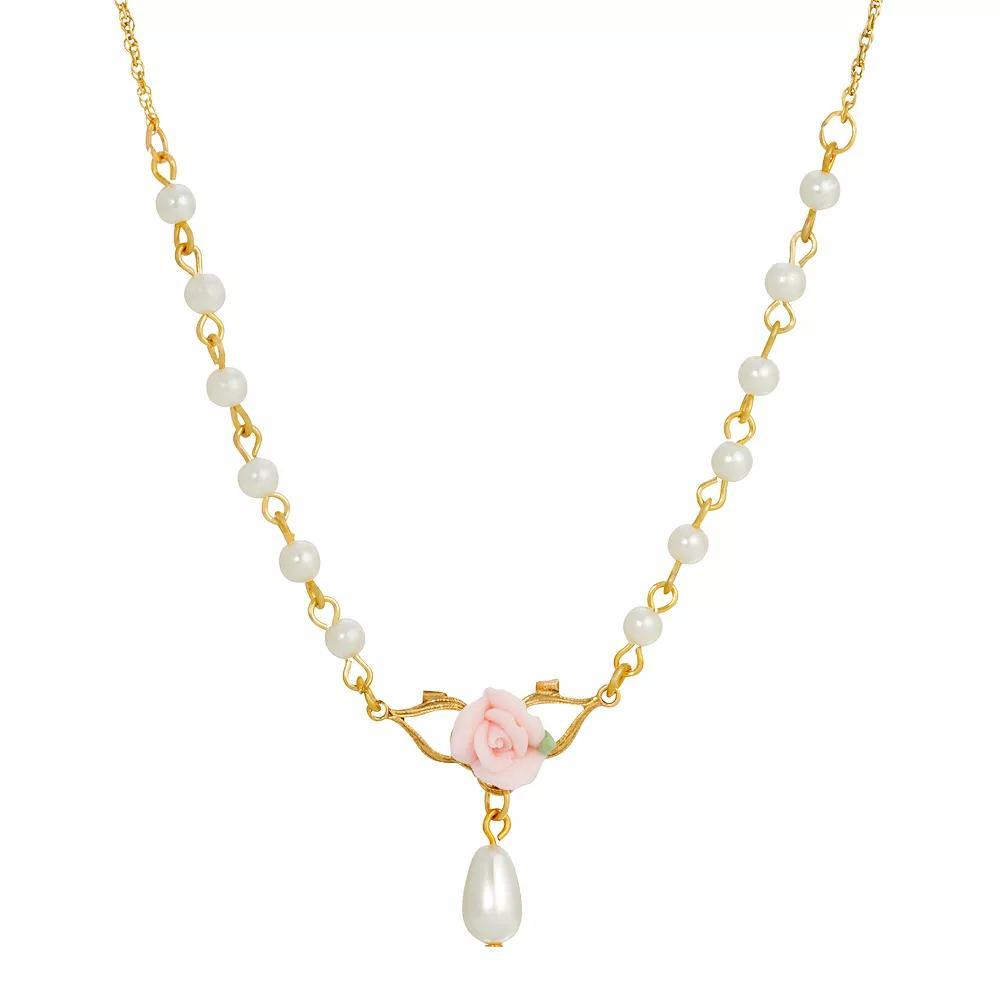 1928 Gold Tone Simulated Pearl Porcelain Rose Y-Necklace, Women's, Pink Product Image