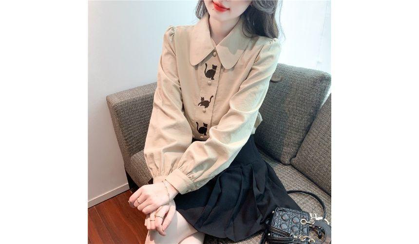 Long-Sleeve Collared Cat Embroidered Blouse Product Image