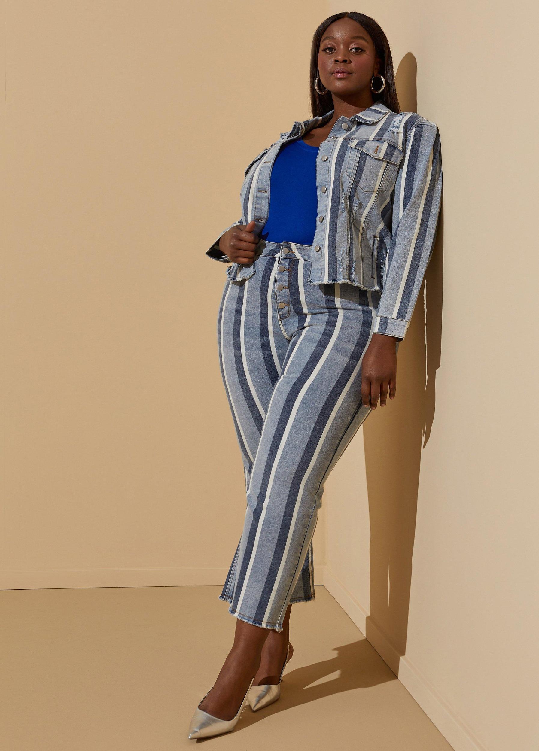Distressed Striped Denim Jacket Product Image