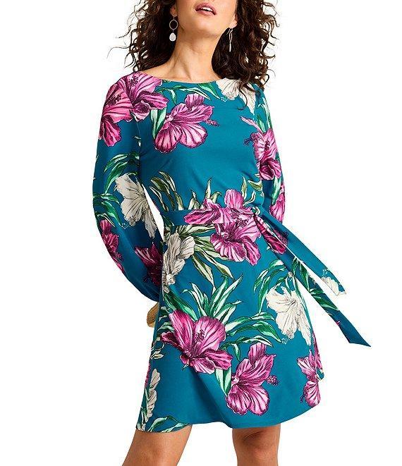 Tommy Bahama Villa Garden Floral Printed Knit Jersey Boat Neck Long Balloon Sleeve Tie Waist A-Line Mini Dress Product Image