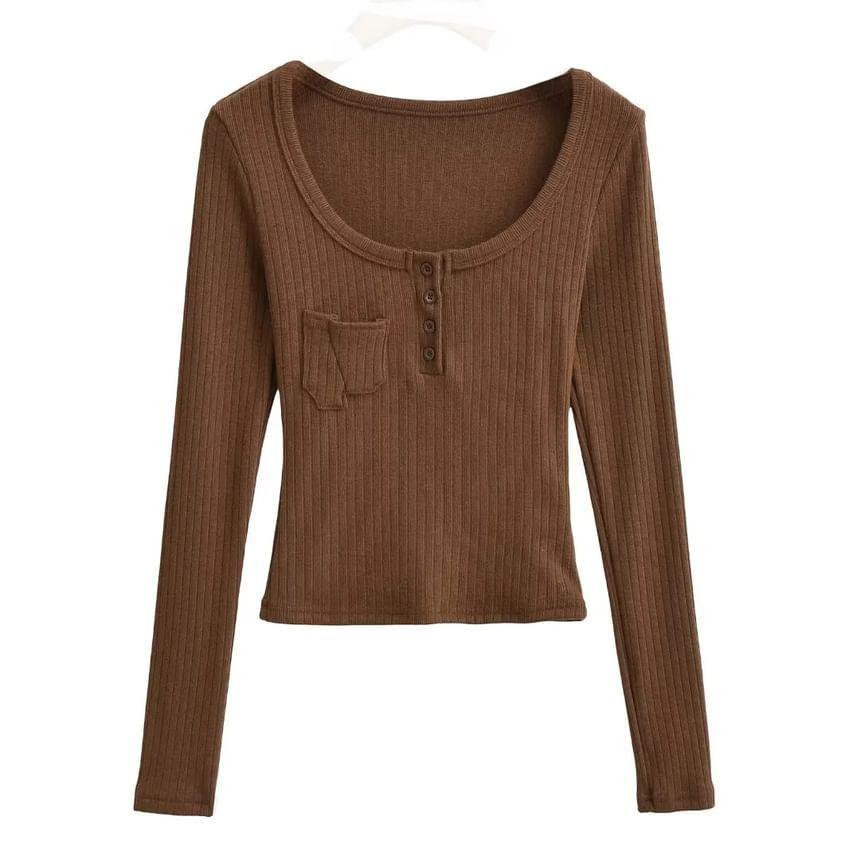Long Sleeve Scoop Neck Henley Plain Ribbed Cropped Top Product Image