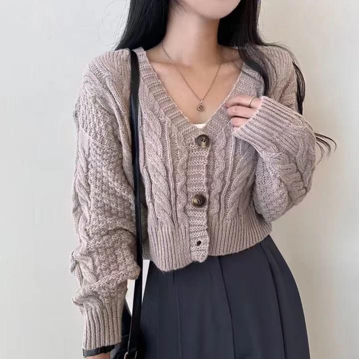 V-Neck Plain Cable Knit Cropped Cardigan Product Image