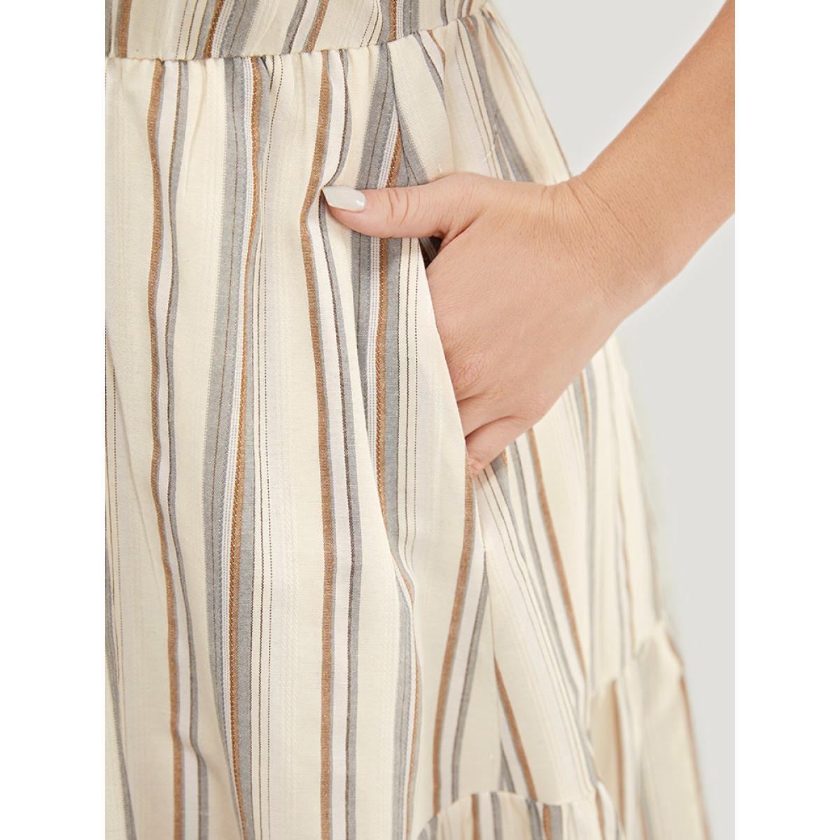 Plus Size Striped Print Knot Pocket Layered Hem Tank Dress Stone Women Elegant Patchwork Notched collar Sleeveless Curvy Midi Dress BloomChic 26/4X Product Image