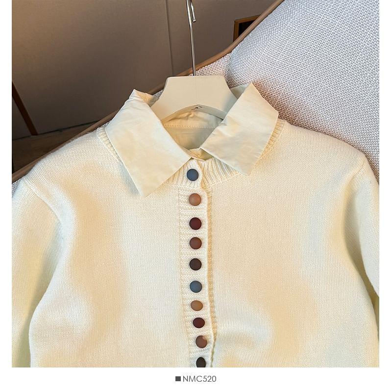 Set: Button-Up Knit Crop Top + Plain Crop Shirt Product Image