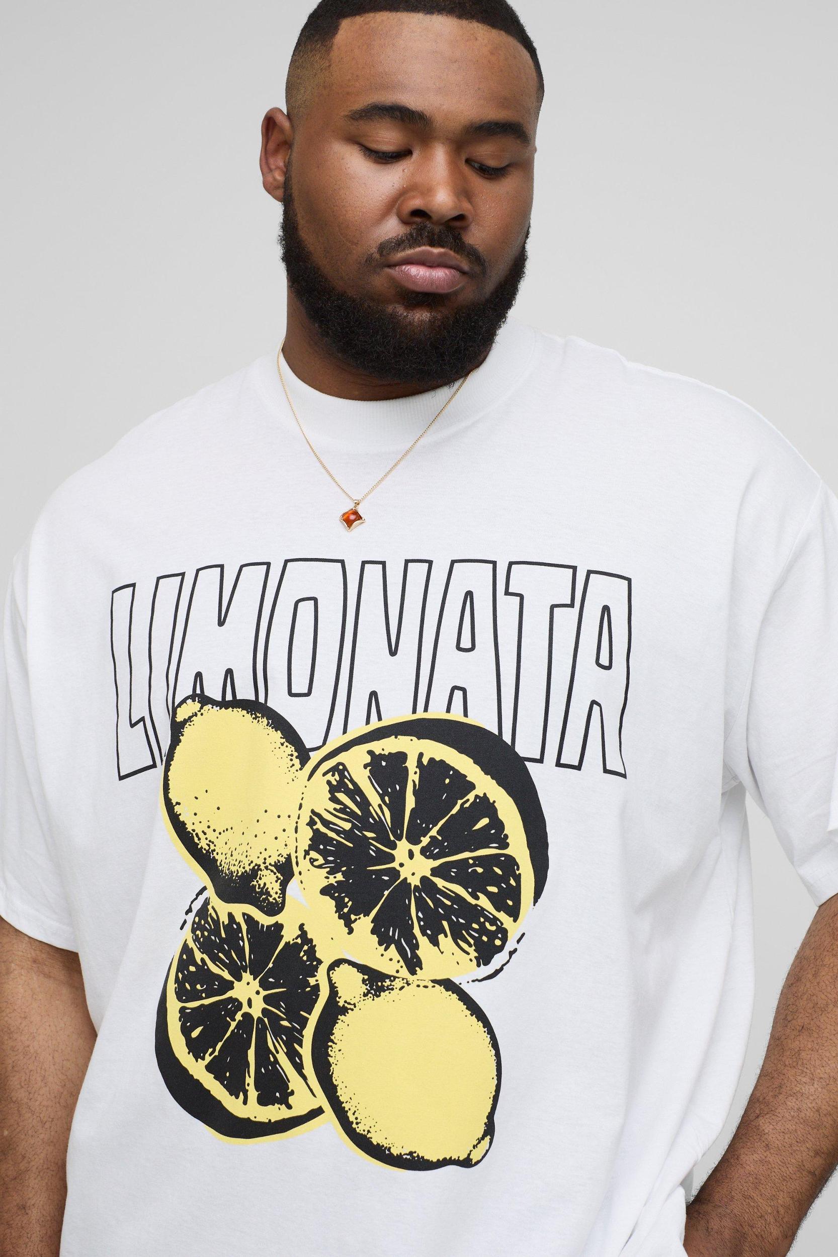 Plus Oversized Extended Neck Lemons Print T-Shirt | boohooMAN USA Product Image