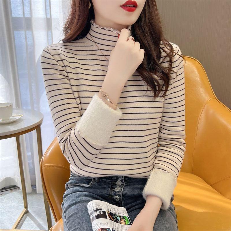 Long Sleeve Ruffle Mock Neck Striped Cropped Knit Top Product Image