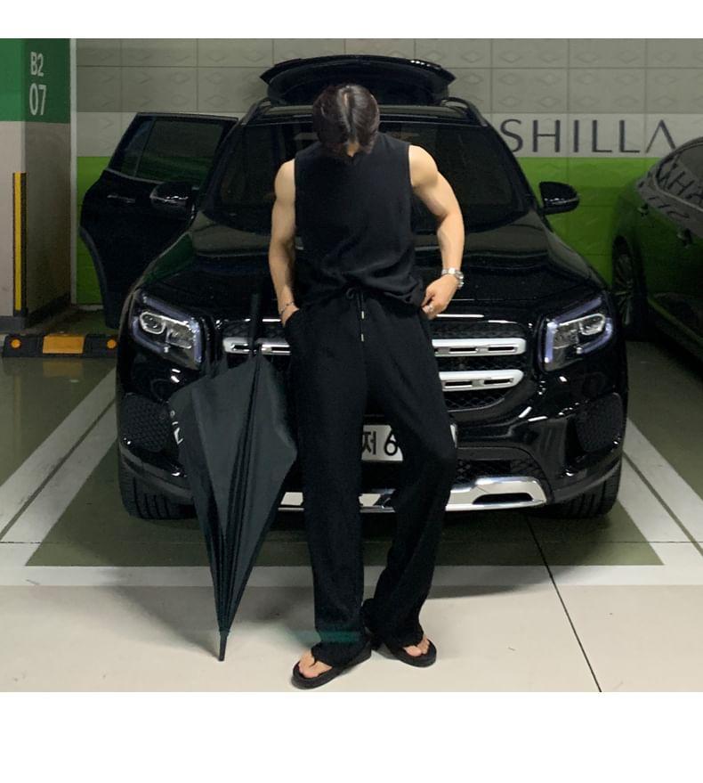 Crew Neck Plain Tank Top / Drawstring Waist Straight Leg Pants Product Image