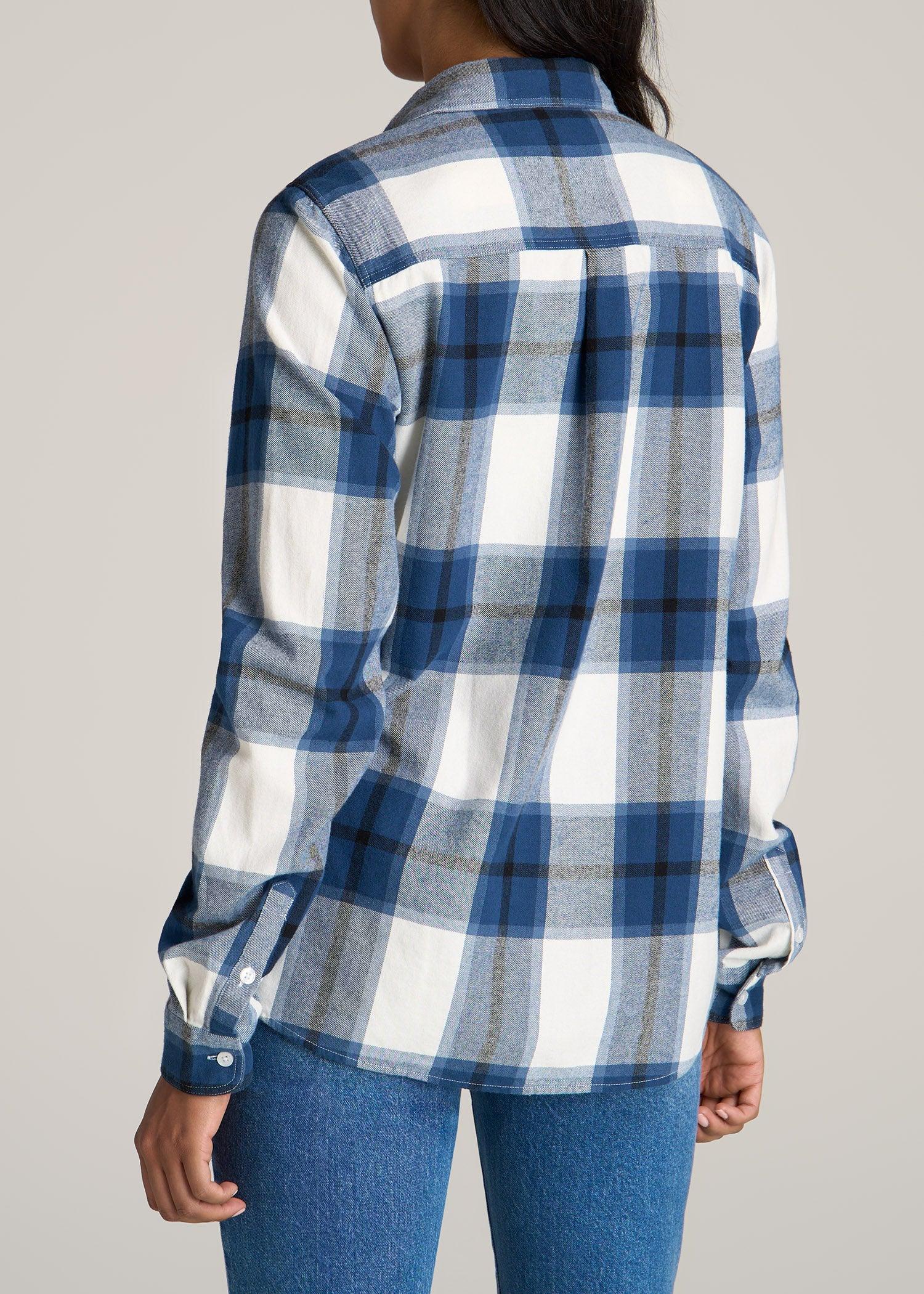 Flannel Button-Up Shirt for Tall Women in Ocean Blue and White Product Image