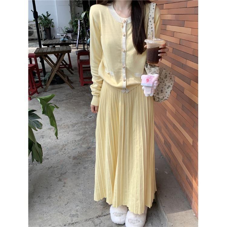 High Rise Plain Accordion Pleated Maxi A-Line Skirt / Contrast Trim Cardigan Product Image