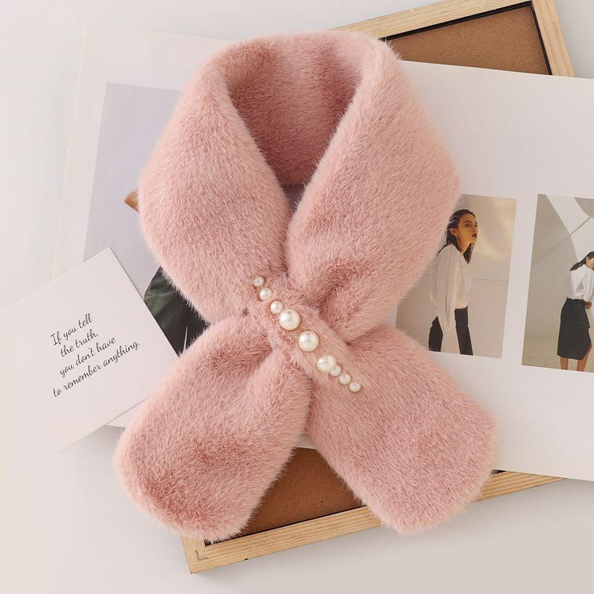 Plain Faux Pearl Embellished Faux Fur Scarf Product Image