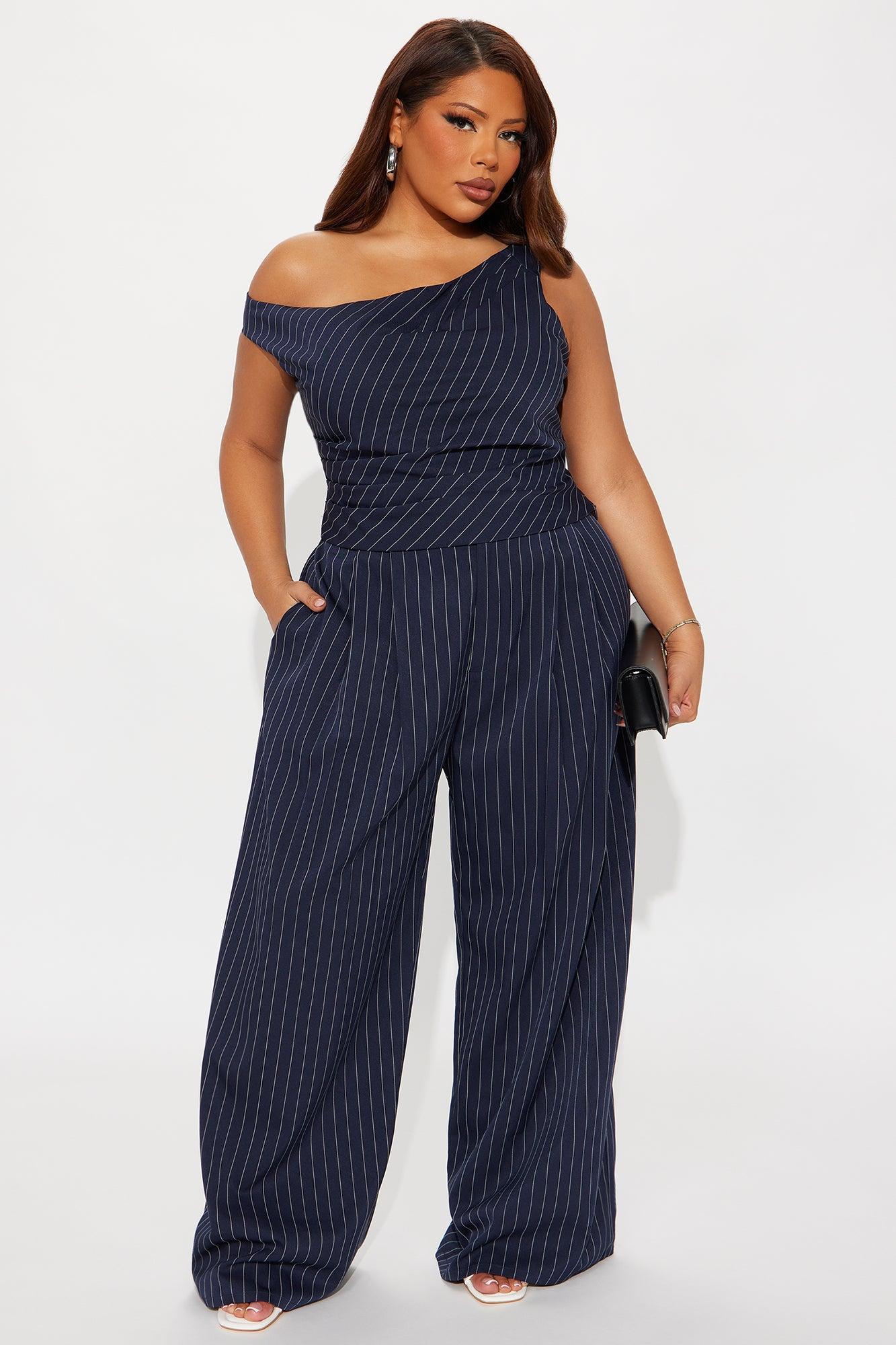 All Business Pinstripe One Shoulder Pant Set - Navy Product Image