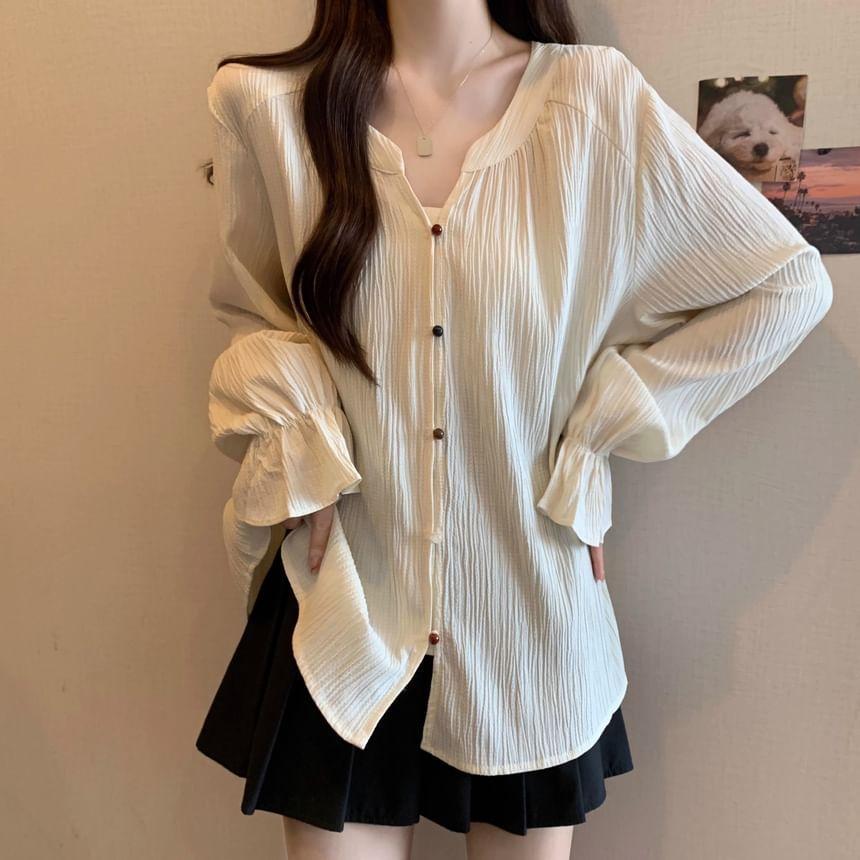 Long-Sleeve Notch Neck Plain Blouse Product Image