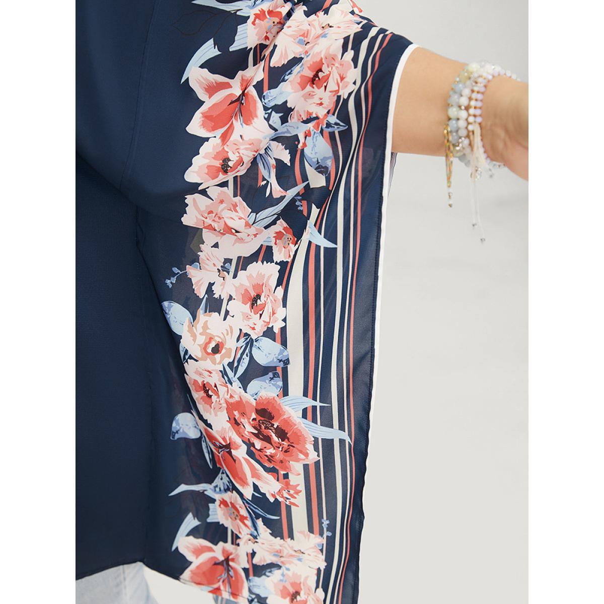 Plus Size Indigo Floral Print Asymmetrical Dolman Sleeve Blouse Women Elegant Short sleeve V-neck Dailywear Blouses BloomChic 14-16/1X Product Image