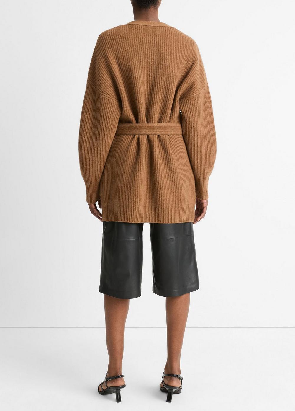 Womens Faux-Leather-Trim Ribbed Wool-Cashmere Cardigan, Almond, Size L Vince Product Image