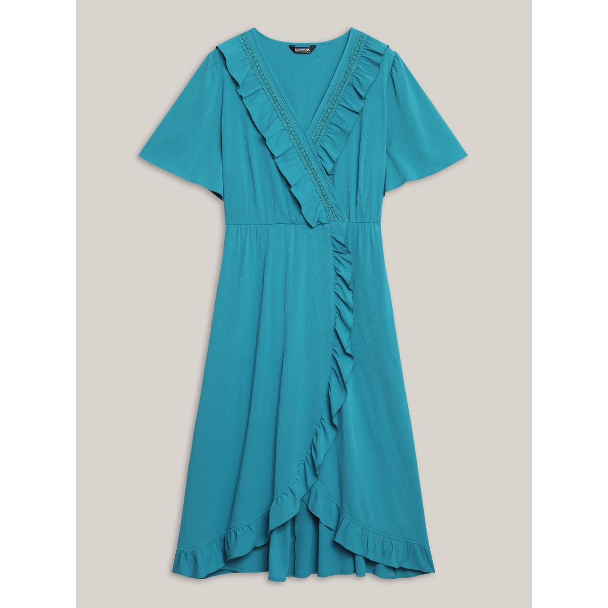 Plus Size Ruffled Lace Trim Pockets Plain Midi Dress Cerulean Women Overlap Collar Short sleeve Curvy BloomChic 22-24/3X Product Image