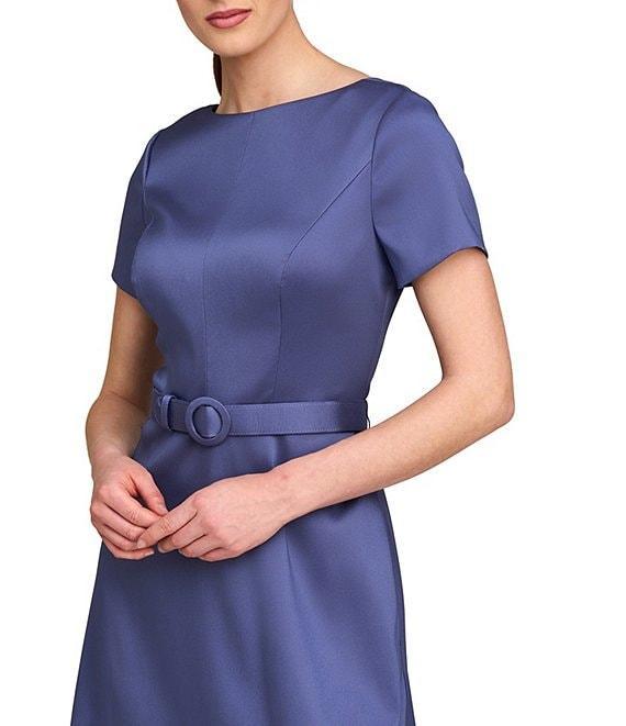 Kay Unger Louisa Stretch Mikado Boat Neck Short Sleeve Belted A-Line Gown Product Image
