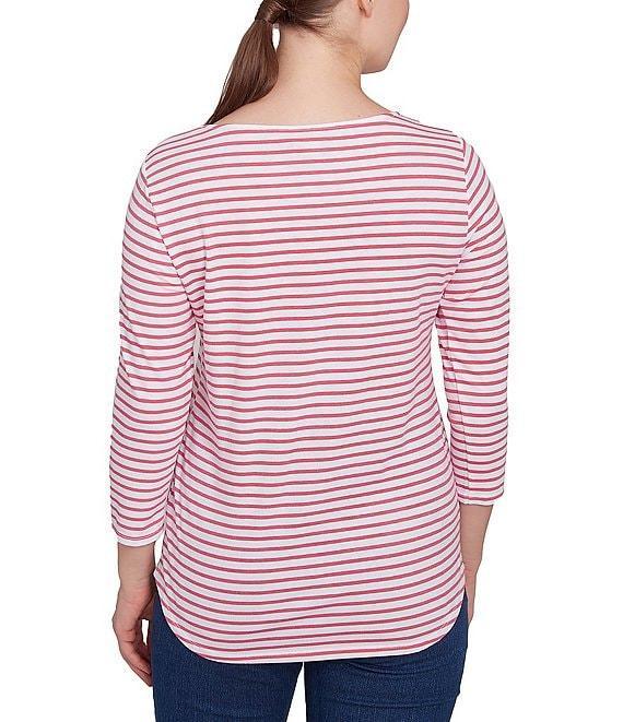 Ruby Rd. Knit Bicycle Floral Striped Crew Neck 3/4 Sleeve Knit Top Product Image