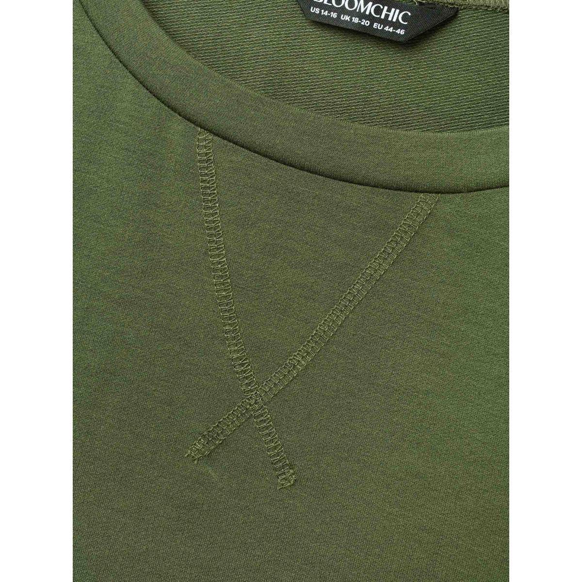 Plus Size Crew Neck Floral Embroidered Sweatshirt Women ArmyGreen Casual Embroidered Loose Round Neck Everyday Sweatshirts BloomChic 22-24/3X Product Image