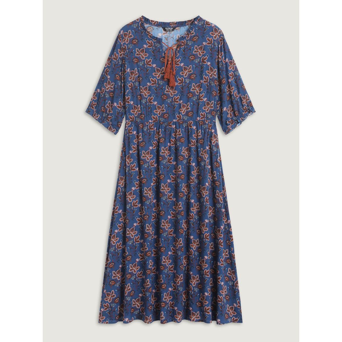 Plus Size Boho Floral Neck Tie Midi Dress DarkBlue Women Notched collar Half Sleeve Curvy BloomChic 12/L Product Image