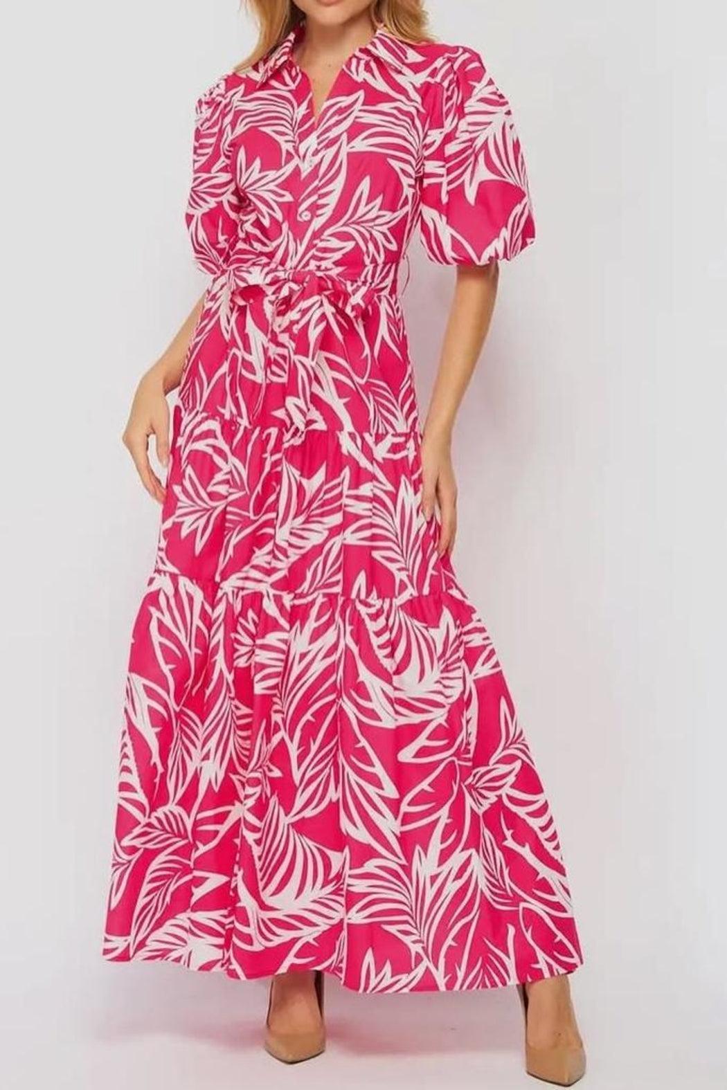 Palm Bubble Sleeve Button Down Maxi Dress Product Image