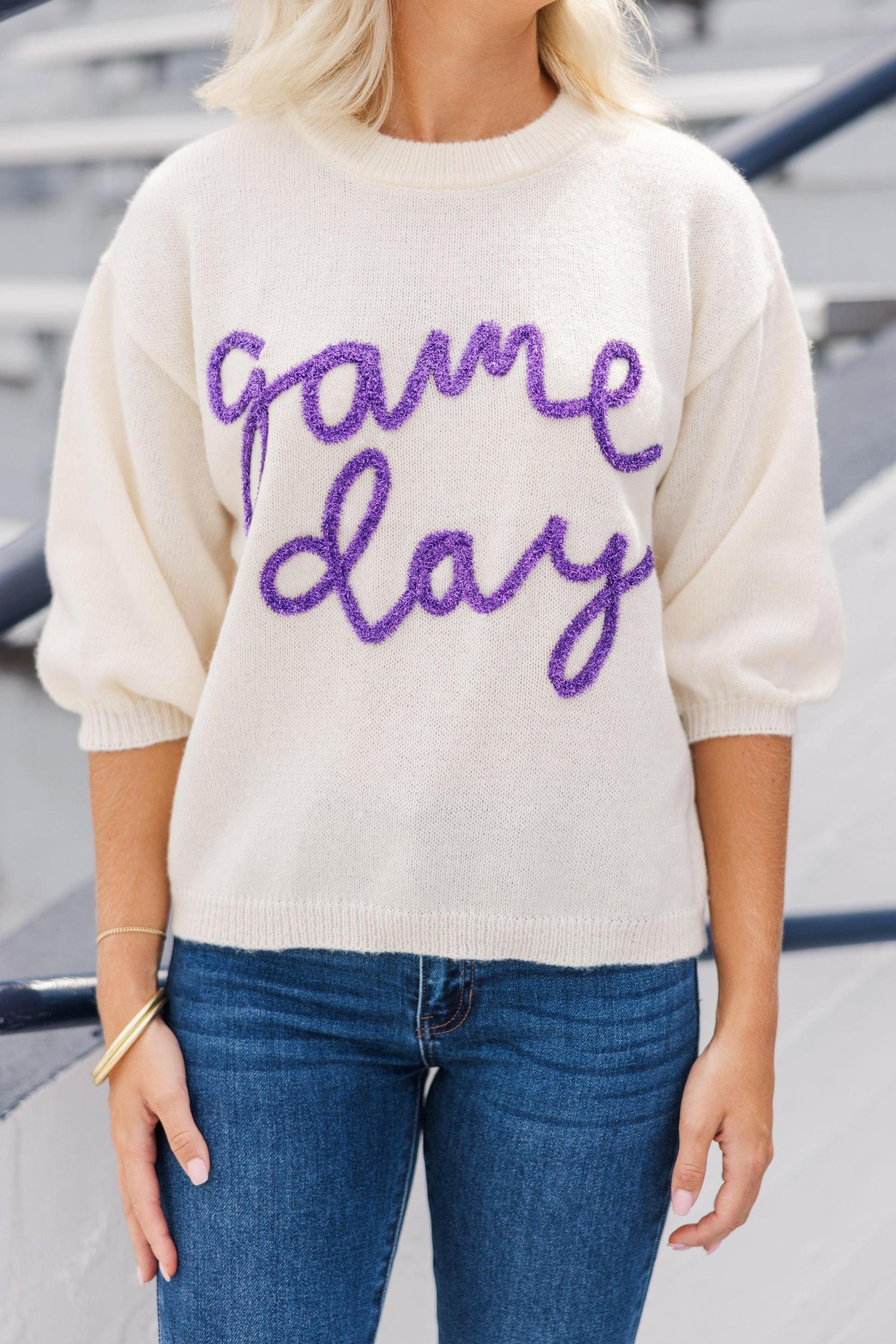 It's Game Day Ivory/Purple Puff Sleeve Sweater Female Product Image