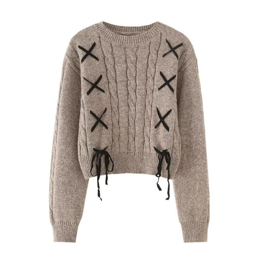 Long Sleeve Plain Lace-Up Cable-Knit Loose-Fit Sweater Product Image