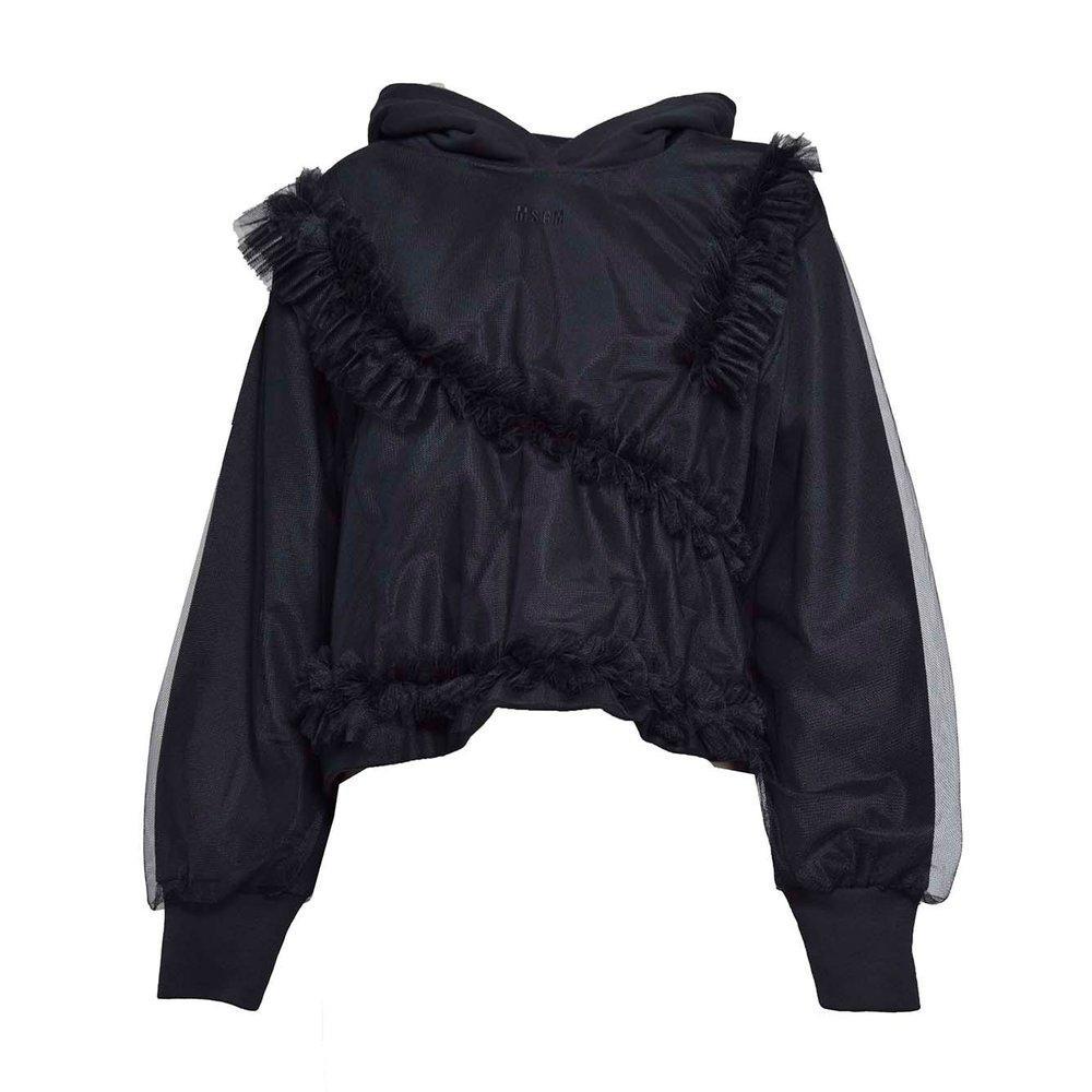 MSGM Logo Embroidered Ruffled Hoodie In Nero Product Image