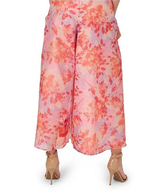 Adrianna Papell V-neck Sleeveless Tie Waist Floral Organza Jumpsuit Product Image