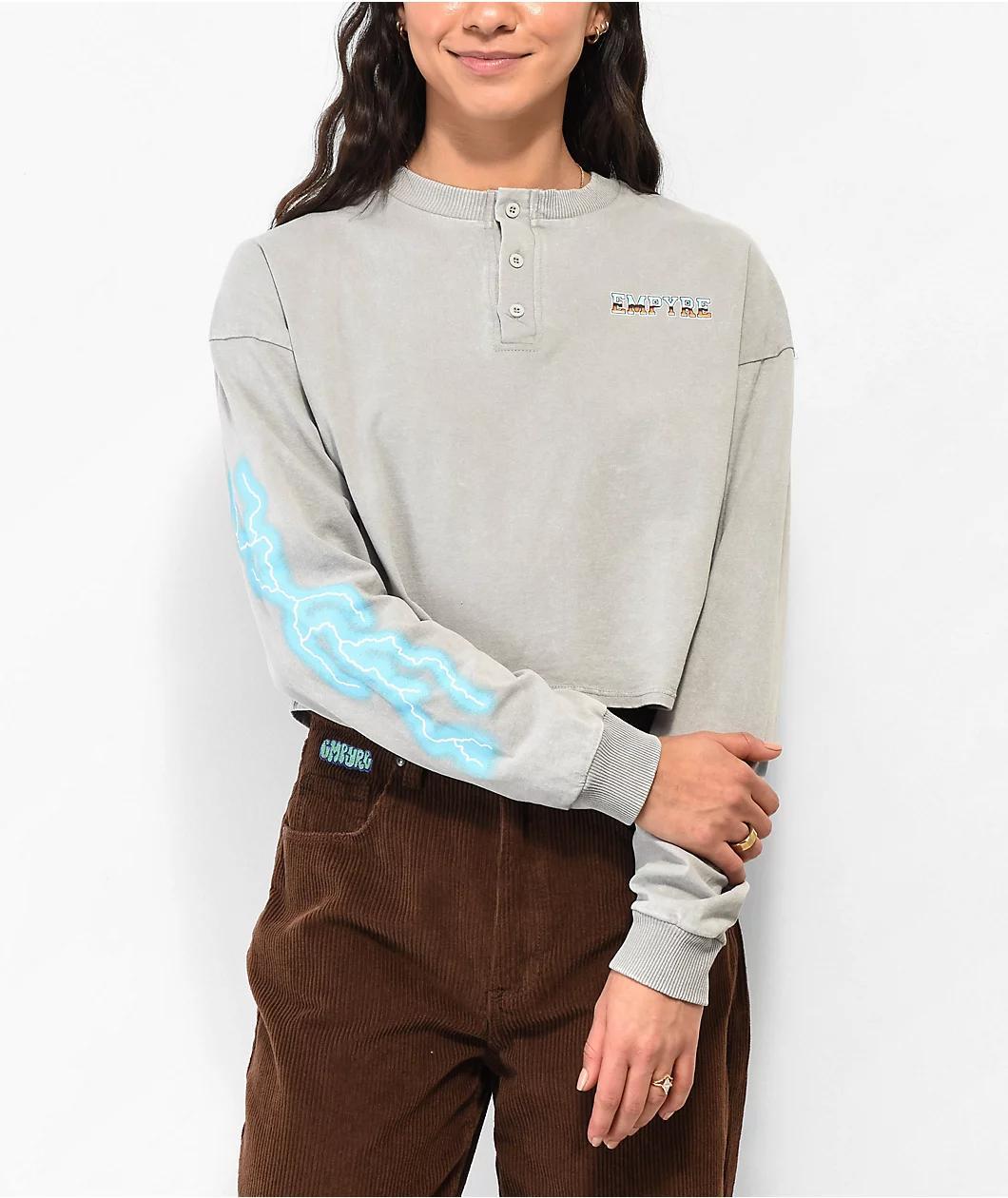 Empyre Alaska Grey Wash Crop Long Sleeve Henley T-Shirt Product Image