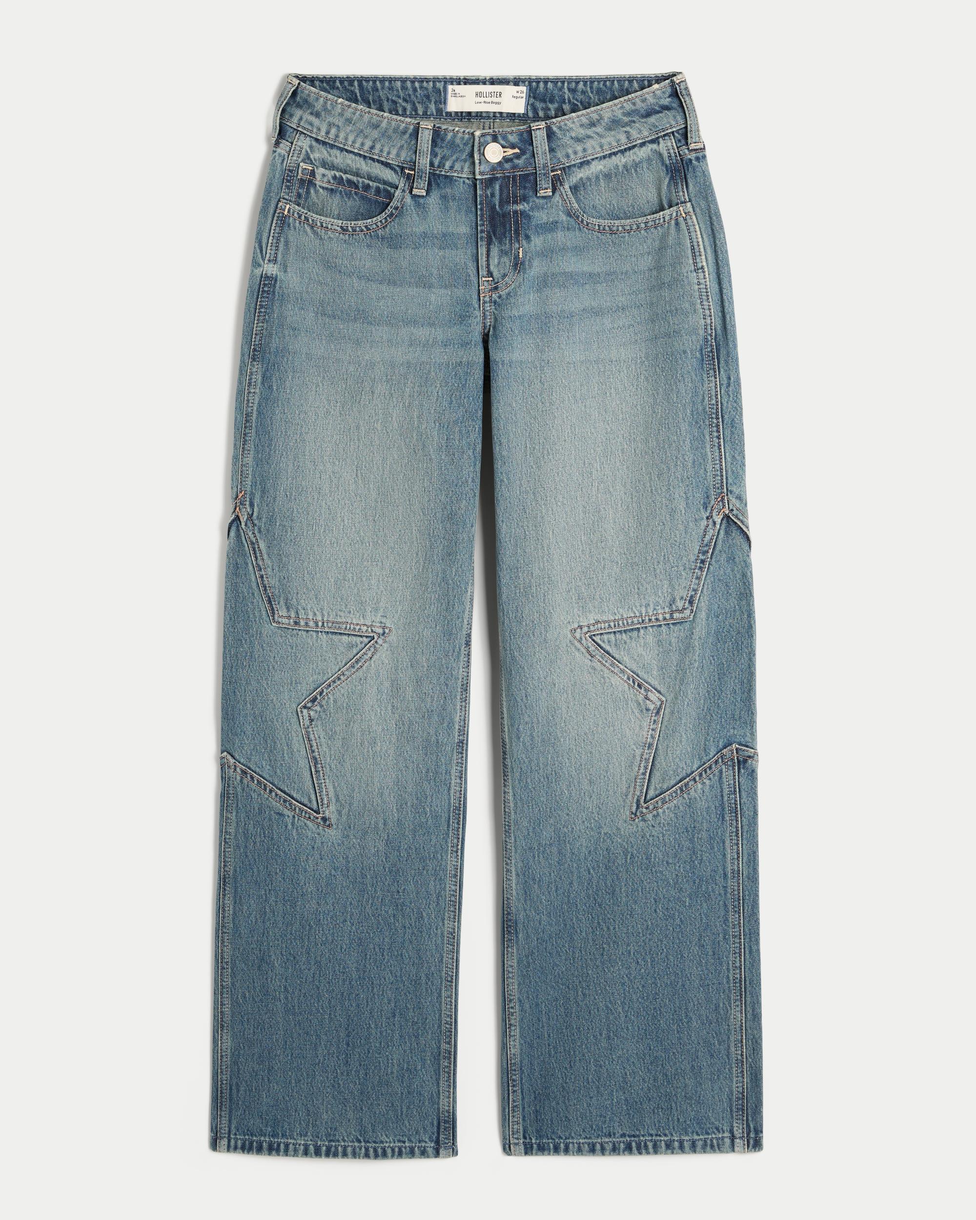 Low-Rise Medium Wash Star Graphic Baggy Jeans Product Image