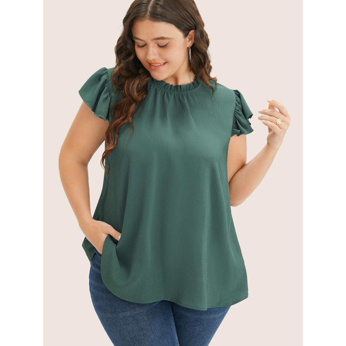 Plus Size Mint Plain Mock Neck Cap Sleeve Ruffle Trim Blouse Women Elegant Short sleeve Mock Neck Everyday Blouses BloomChic 12/L Product Image