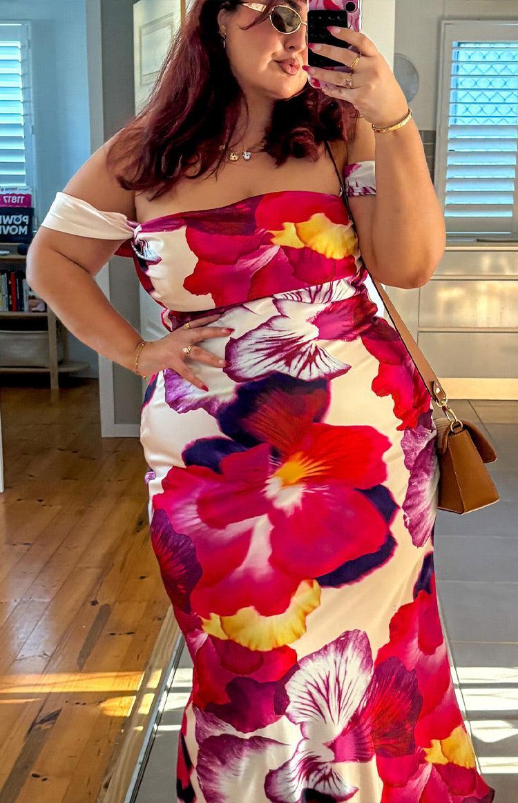 Ella Pink Floral Print Off Shoulder Formal Dress Product Image