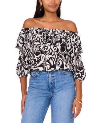Sam & Jess Womens Printed Tiered-Ruffle Off-The-Shoulder Top Product Image