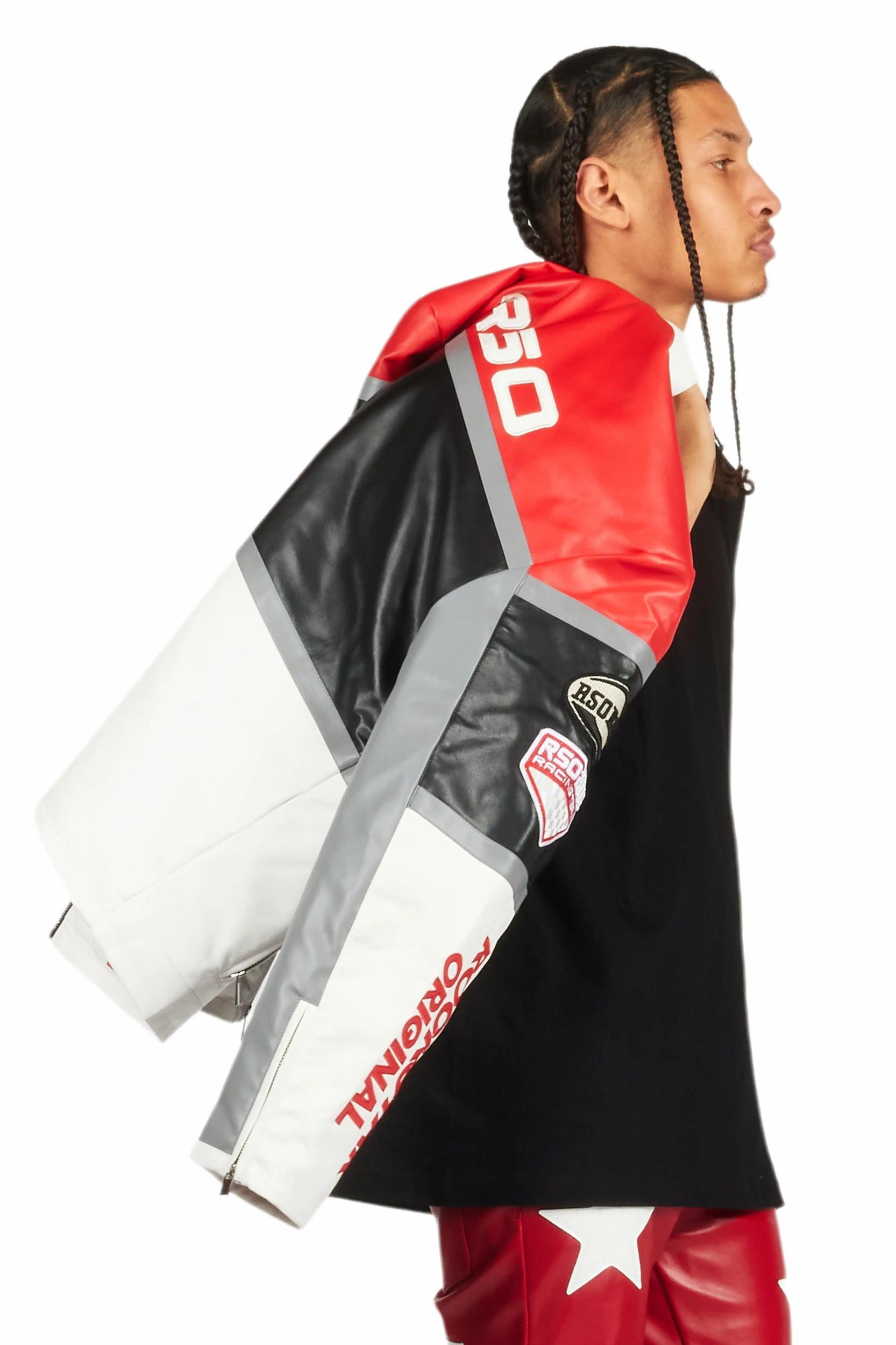 Balint Red/White Leather Moto Jacket Male Product Image