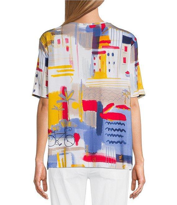 Multiples Embellished Printed Scoop Neck Short Sleeve Fitted Knit Top Product Image