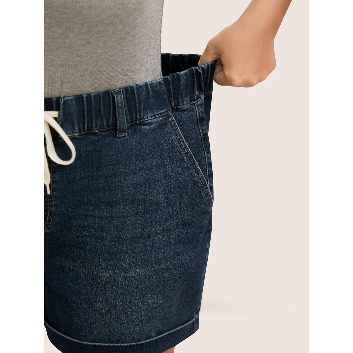 Plus Size Dark Wash Drawstring Roll Hem Denim Shorts Women Denimblue Roll Hem High stretch Everyday Slanted pocket Casual Denim Shorts BloomChic 16/1X Product Image