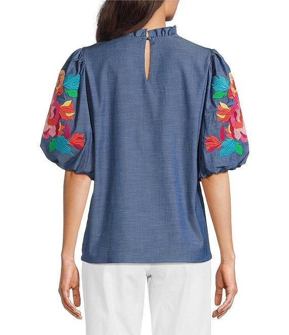 Calessa Embroidered Elbow Sleeve Ruffle Mock Neck Tunic Product Image