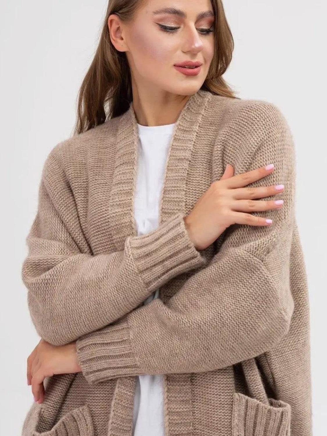 Pocketed Open Front Long Sleeve Longline Cardigan Product Image
